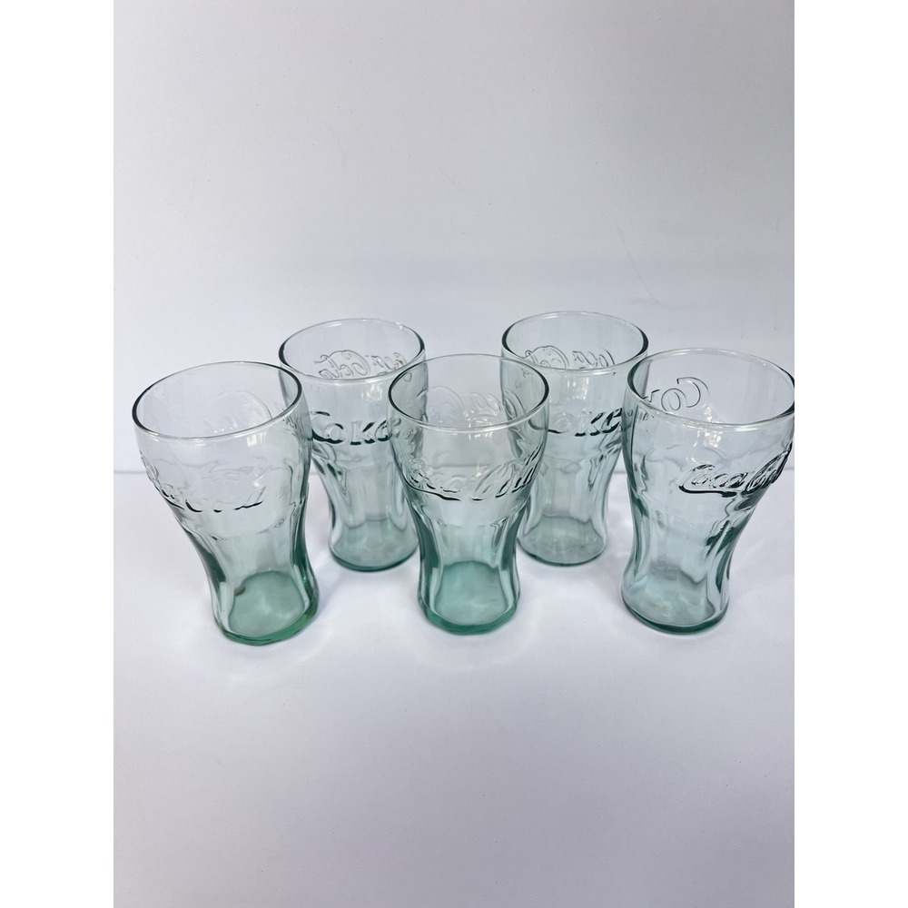 Set of 5 Vintage Coca-Cola Coke Juice Glasses Small Green Tint Glass 4.5" Tall